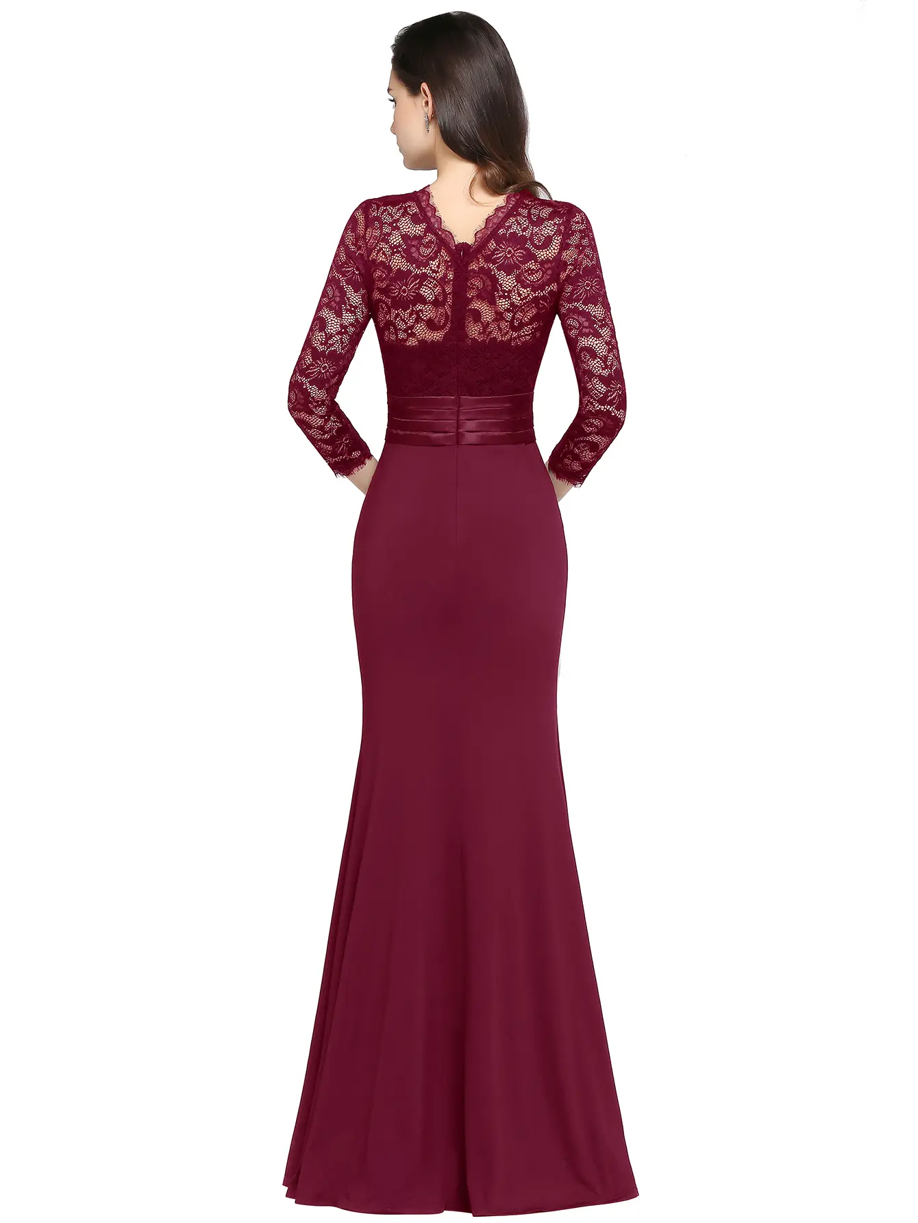 MisShow Lace Mermaid Evening Dresses Burgundy Elegant 3/4 Sleeve Empire Prom Dress Formal Occasion Party Gowns Robe De Soiree
