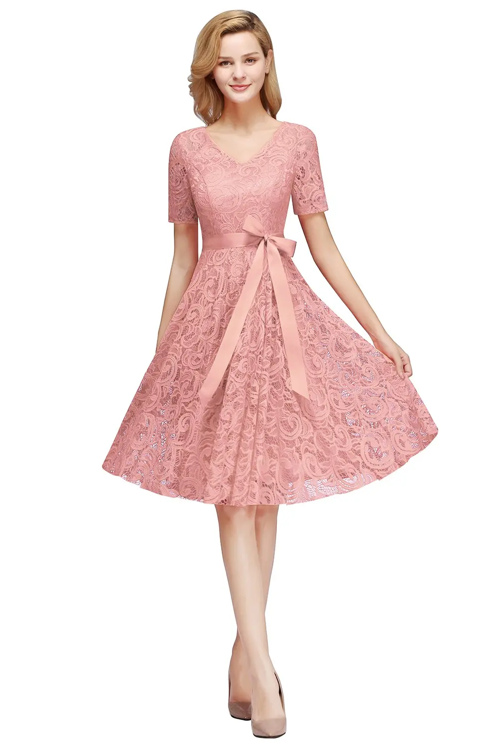 Dusty Rose Lace Bridesmaid Dress Scoop Neck Short Sleeve With Sashes Navy Blue Wedding Formal Evening Party Gowns Robe De Soiree
