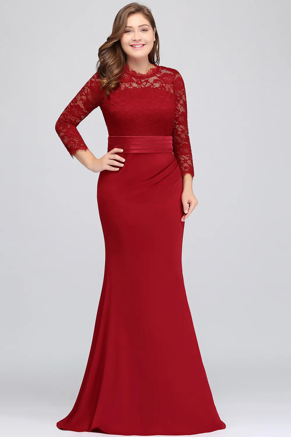 MisShow Lace Mermaid Evening Dresses Burgundy Elegant 3/4 Sleeve Empire Prom Dress Formal Occasion Party Gowns Robe De Soiree