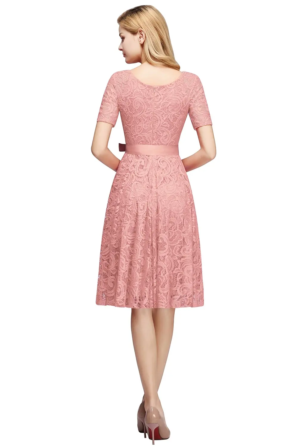Dusty Rose Lace Bridesmaid Dress Scoop Neck Short Sleeve With Sashes Navy Blue Wedding Formal Evening Party Gowns Robe De Soiree
