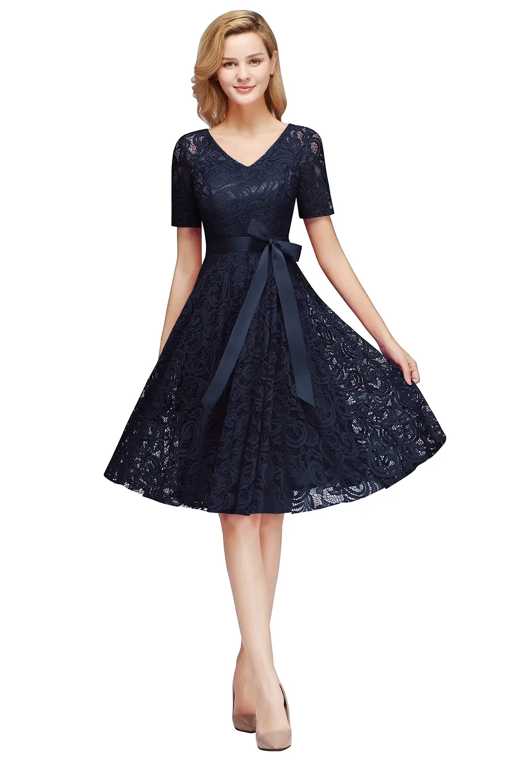 Dusty Rose Lace Bridesmaid Dress Scoop Neck Short Sleeve With Sashes Navy Blue Wedding Formal Evening Party Gowns Robe De Soiree