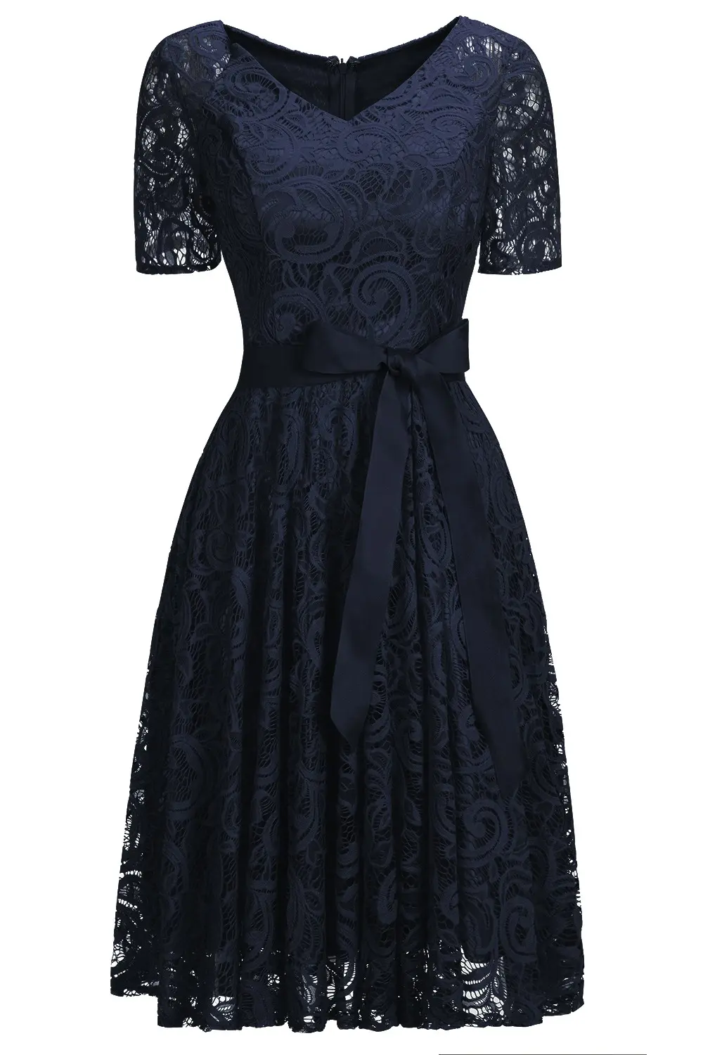 Dusty Rose Lace Bridesmaid Dress Scoop Neck Short Sleeve With Sashes Navy Blue Wedding Formal Evening Party Gowns Robe De Soiree