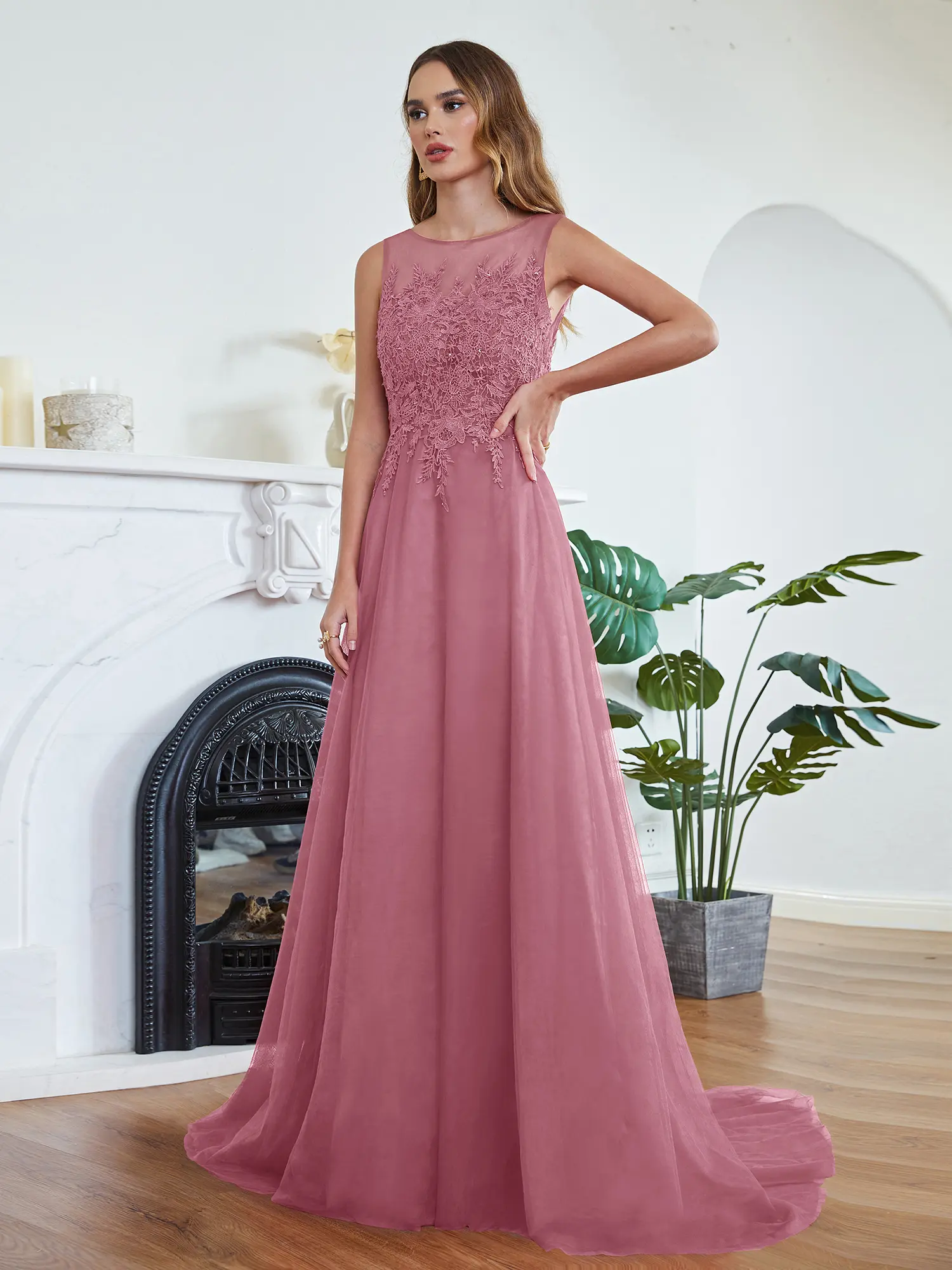 MisShow Long Train Evening Dresses Sheer O-Neck Lace Appliques Sleeveless Backless Prom Dress Empire Tulle Formal Wedding Gowns