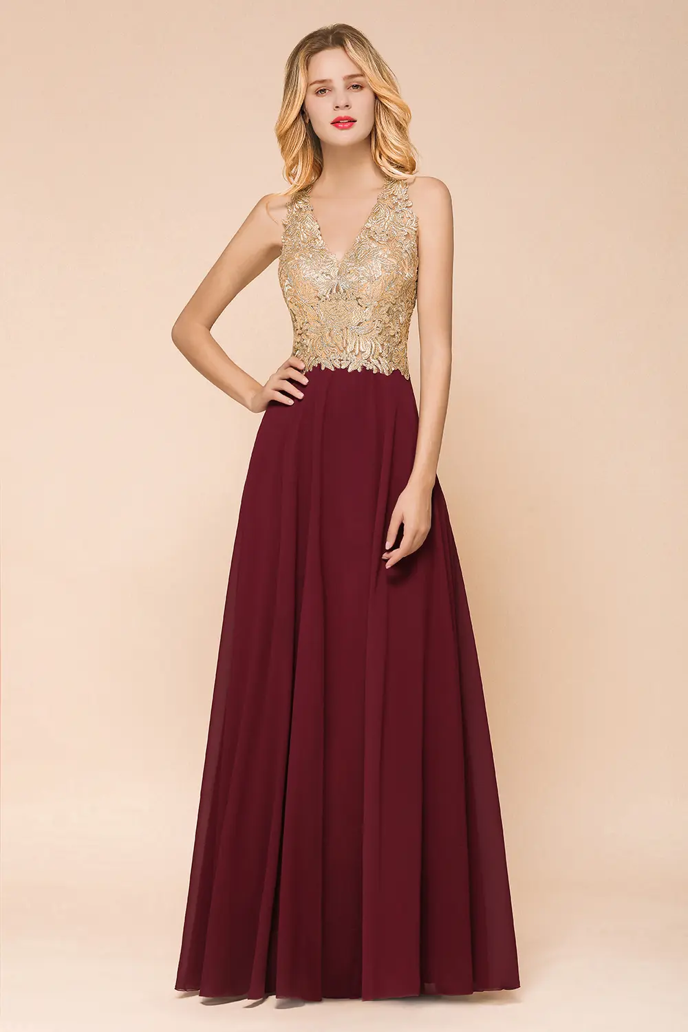 Burgundy Chiffon Long Bridesmaid Dresses Elegant Wedding Party Prom Gown Dusty Pink Blue Lace Applique V Neck Sleeveless Vestido
