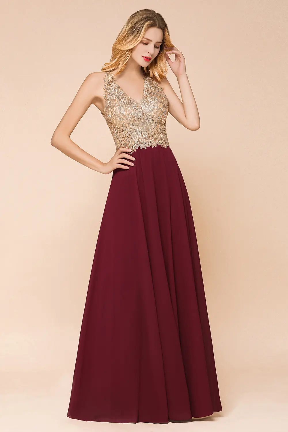 Burgundy Chiffon Long Bridesmaid Dresses Elegant Wedding Party Prom Gown Dusty Pink Blue Lace Applique V Neck Sleeveless Vestido