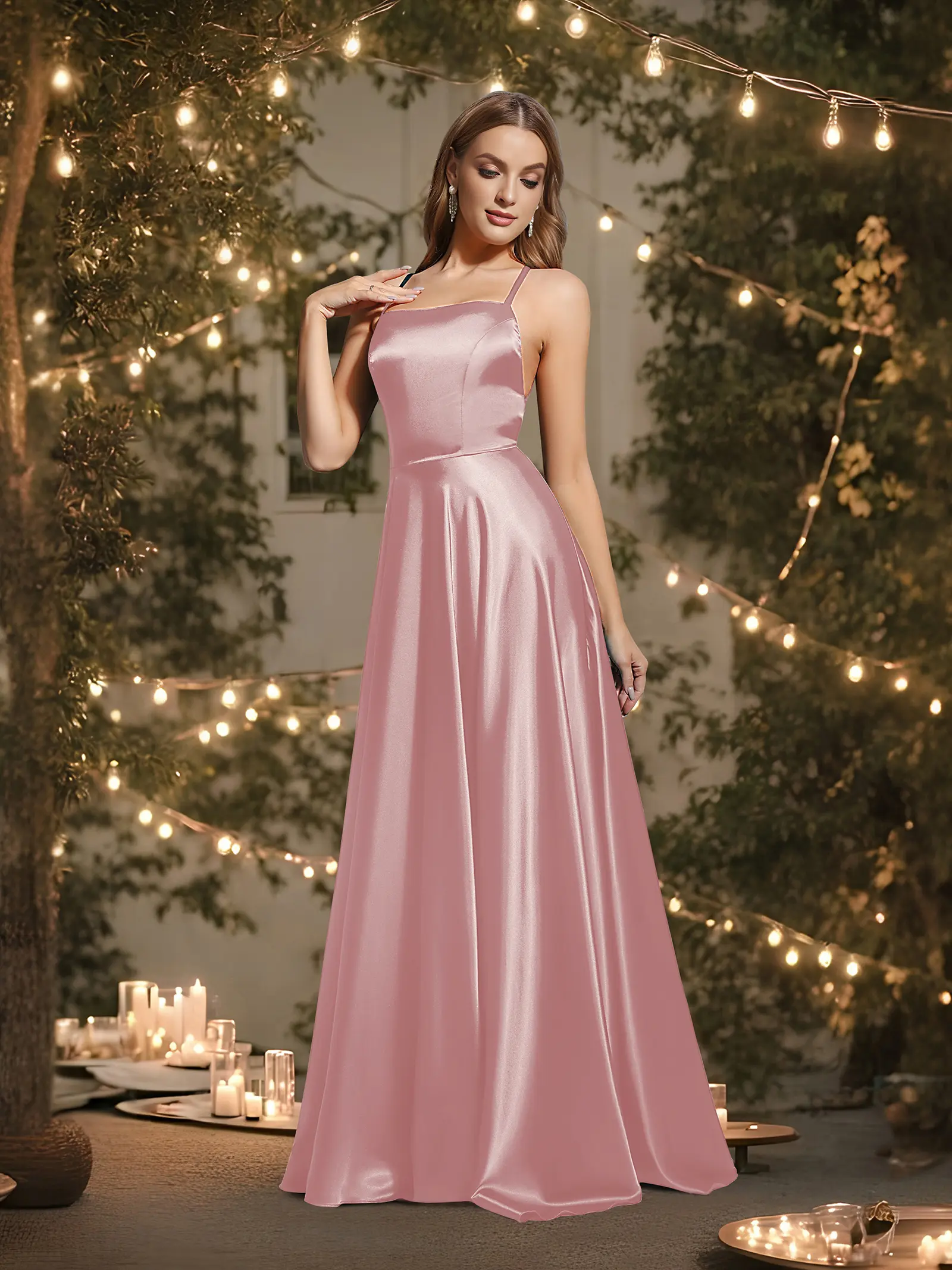 MisShow Elegant Satin Bridesmaid Dresses Spaghetti Strap Square Neck Lace-up Backless Long Dress High Split Train Formal Vestido