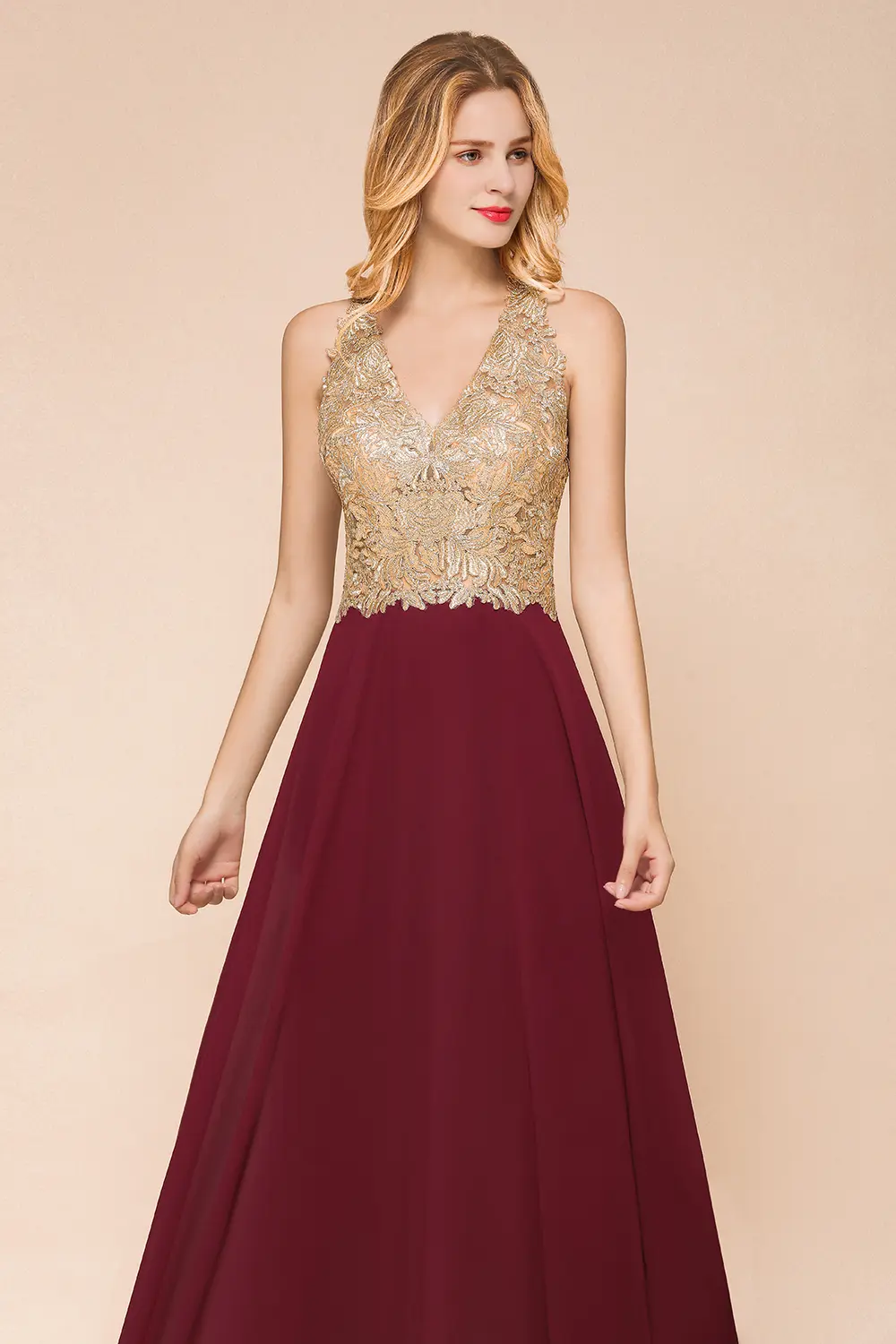 Burgundy Chiffon Long Bridesmaid Dresses Elegant Wedding Party Prom Gown Dusty Pink Blue Lace Applique V Neck Sleeveless Vestido