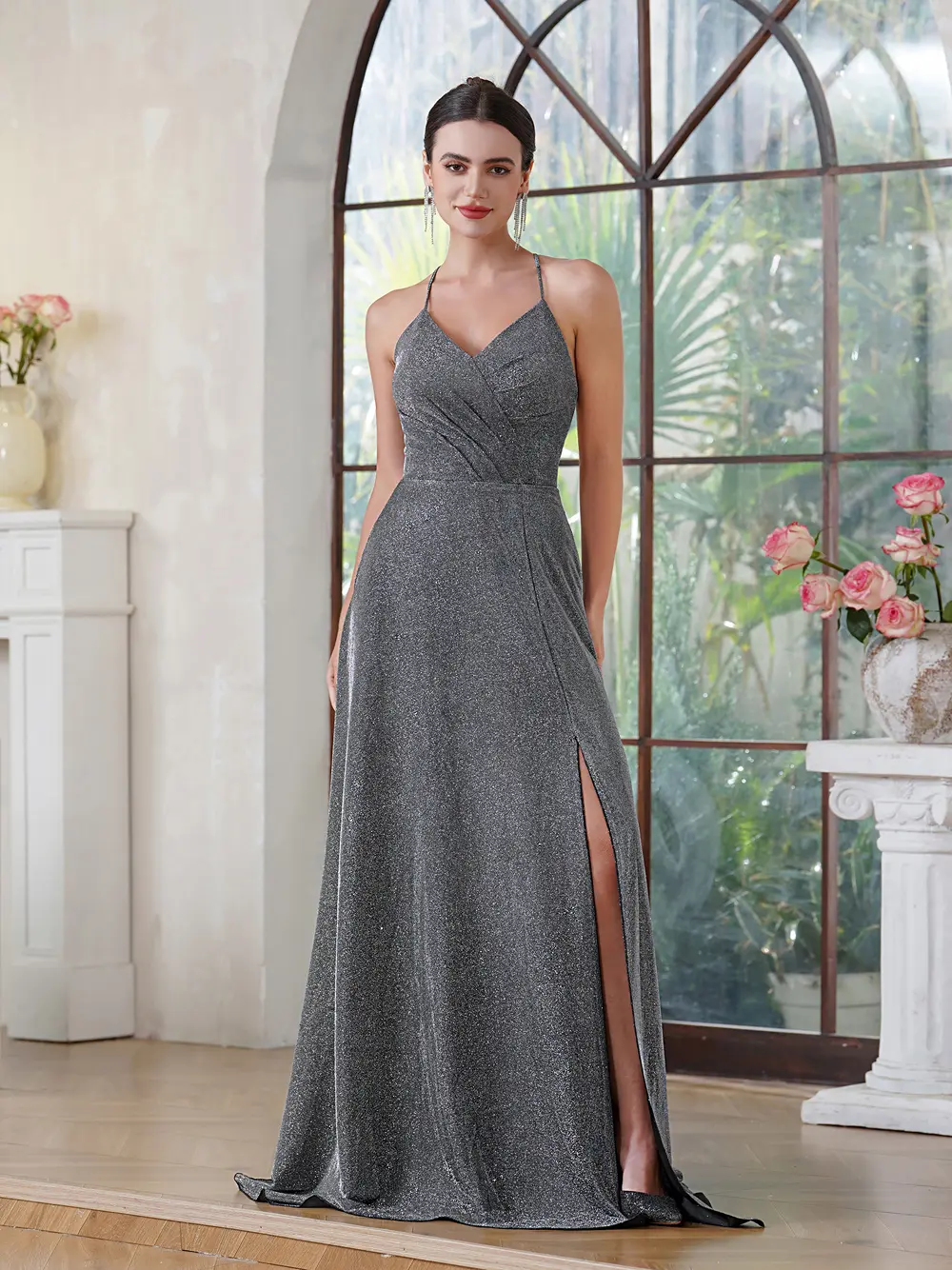 Elegant Fine Sparkle Evening Dresses A Line High Slit Spaghetti Straps Backless Cross Straps Prom Gowns Formal Party Vestidos