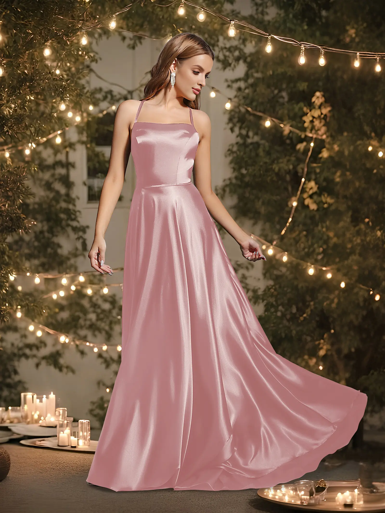 MisShow Elegant Satin Bridesmaid Dresses Spaghetti Strap Square Neck Lace-up Backless Long Dress High Split Train Formal Vestido