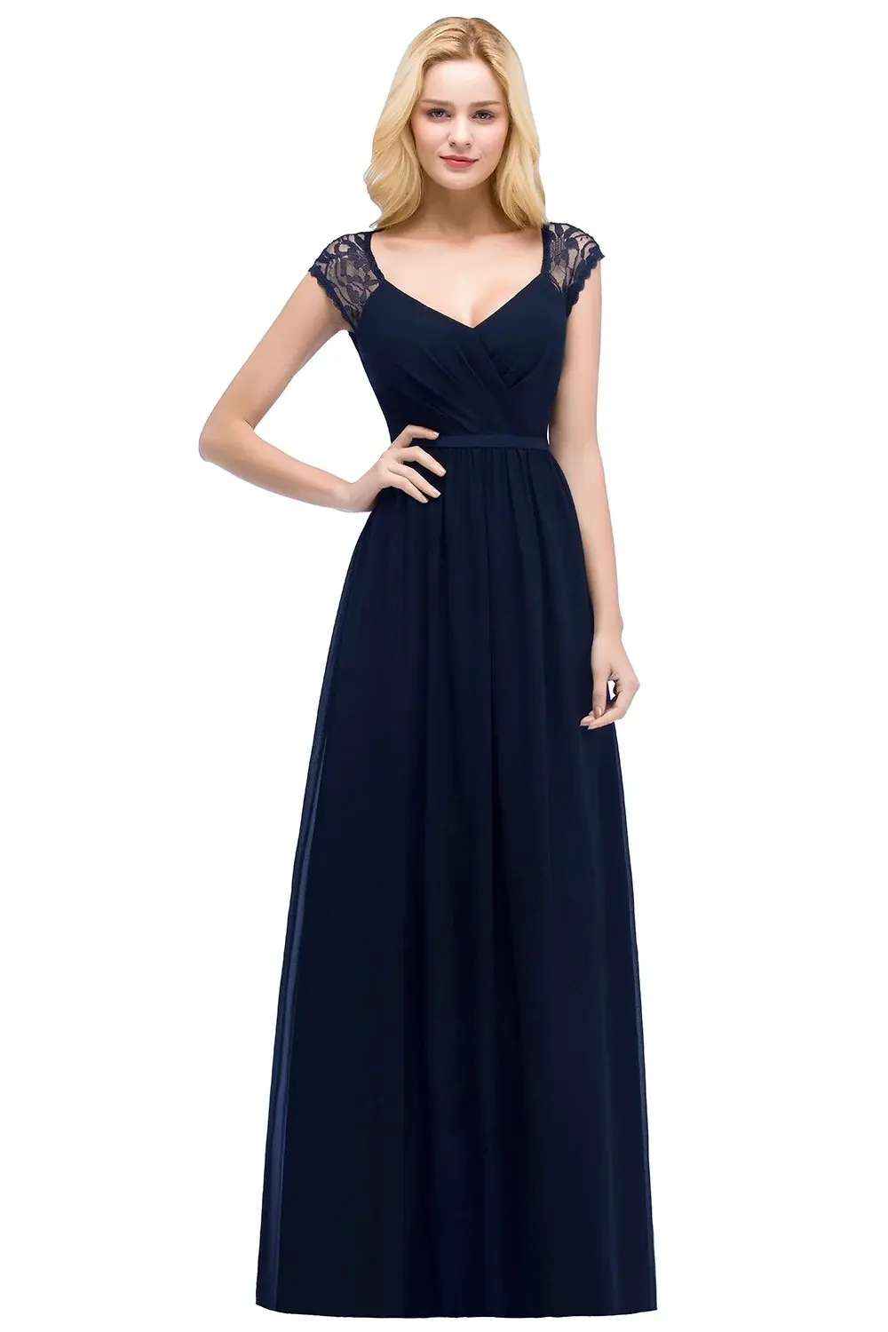 Black Lace Chiffon Evening Dresses For Women V Neck Backless Cap Sleeve Burgundy Navy Blue Formal Wedding Party Gowns Vestidos