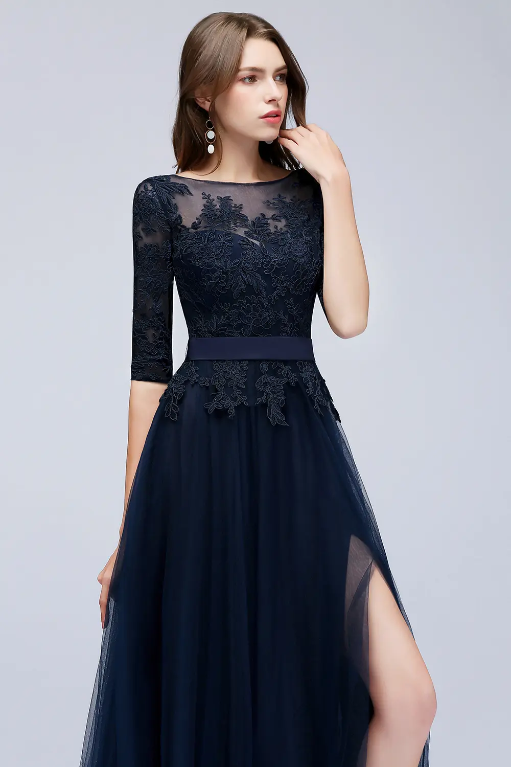 Navy Blue Lace Long Evening Dresses Elegant Half Sleeve Appliques Tulle Formal Party Prom Gown Backless With Belt Robe De Soiree