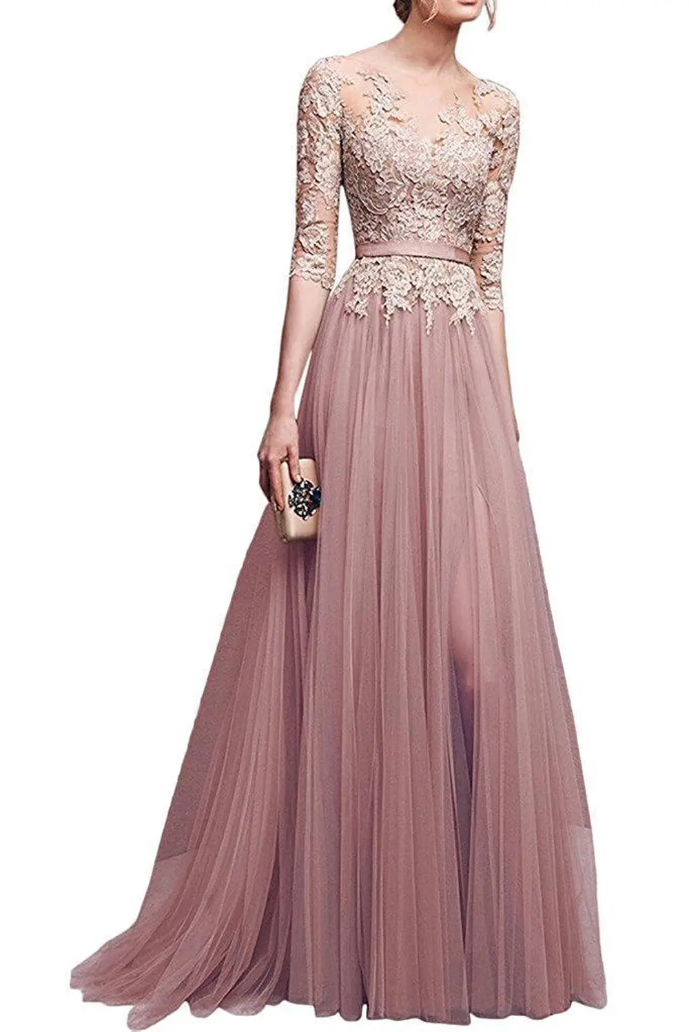 Navy Blue Lace Long Evening Dresses Elegant Half Sleeve Appliques Tulle Formal Party Prom Gown Backless With Belt Robe De Soiree
