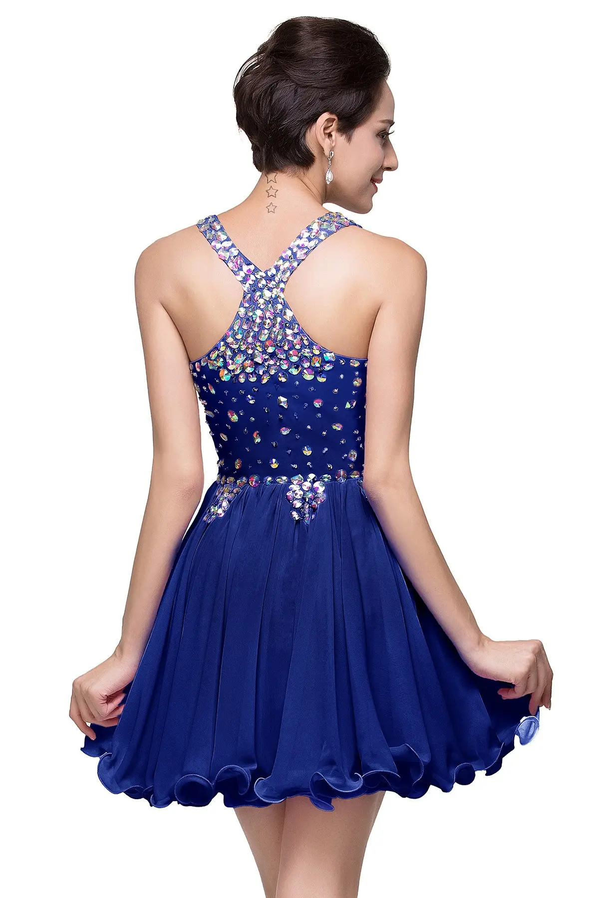 Sparkly Crystal Short Cocktail Dresses Chiffon Halter Backless Sexy V neck Mini Wedding Party Prom Gowns Bridal Ruched Vestido