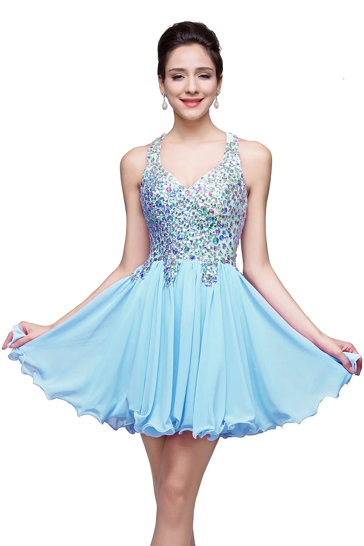 Sparkly Crystal Short Cocktail Dresses Chiffon Halter Backless Sexy V neck Mini Wedding Party Prom Gowns Bridal Ruched Vestido