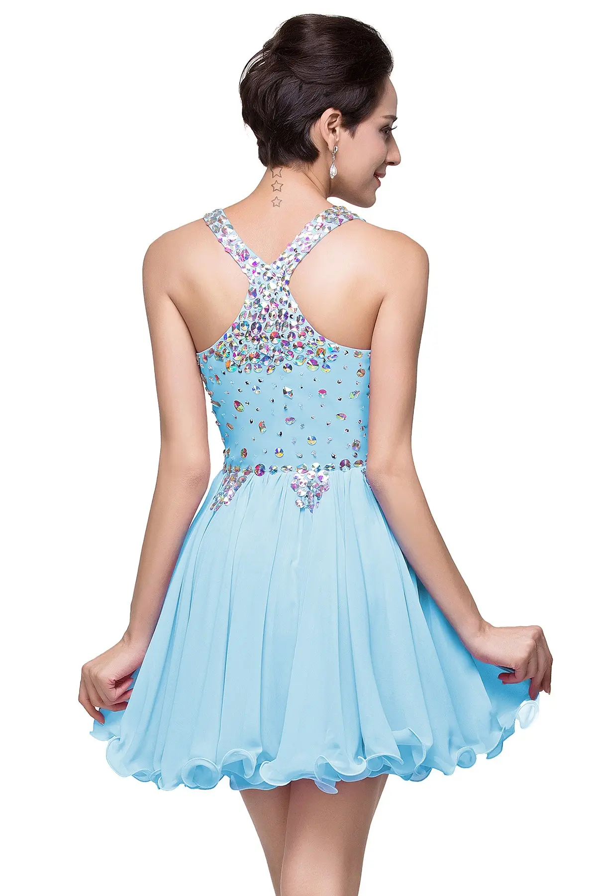 Sparkly Crystal Short Cocktail Dresses Chiffon Halter Backless Sexy V neck Mini Wedding Party Prom Gowns Bridal Ruched Vestido