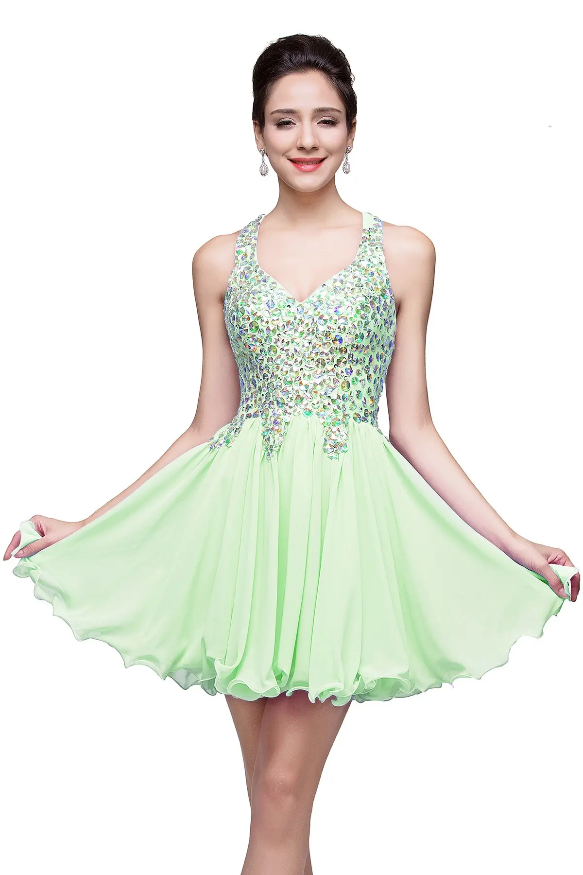 Sparkly Crystal Short Cocktail Dresses Chiffon Halter Backless Sexy V neck Mini Wedding Party Prom Gowns Bridal Ruched Vestido