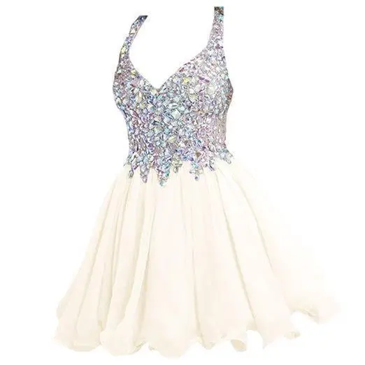 Sparkly Crystal Short Cocktail Dresses Chiffon Halter Backless Sexy V neck Mini Wedding Party Prom Gowns Bridal Ruched Vestido