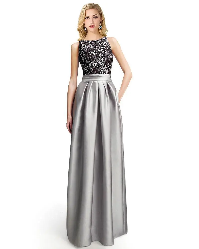 Silver Lace Long Bridesmaid Dresses Elegant Applique Sleeveless Wedding Formal Evening Party Guest Prom Gowns Robe De Soiree