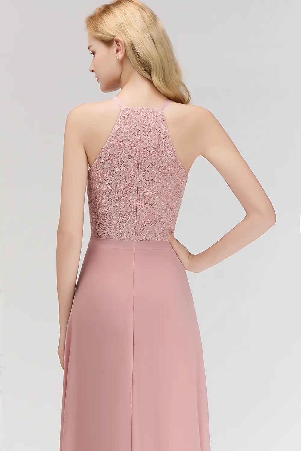 Dusty Pink Lace Chiffon Bridesmaid Dresses For Women 2024 A-line Halter Sleeveless Sexy Formal Wedding Prom Evening Party Gowns
