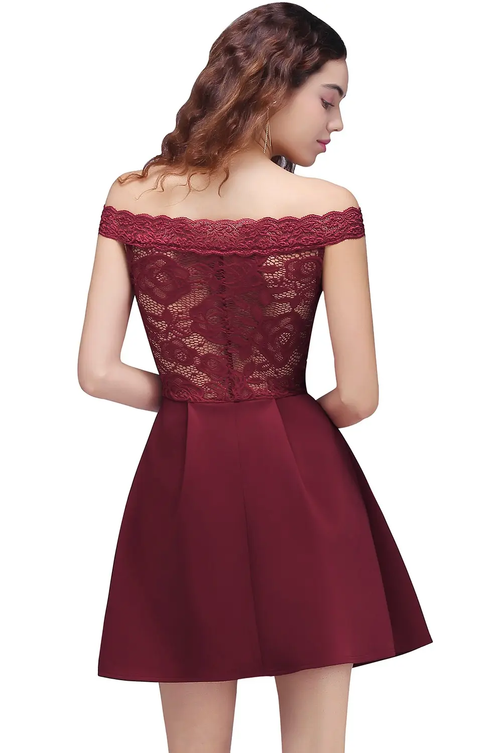 Burgundy Lace Satin Cocktail Dresses Off Shoulder A Line Mini Short Formal Evening Party Prom Gowns Homecoming Vestido De Fiesta