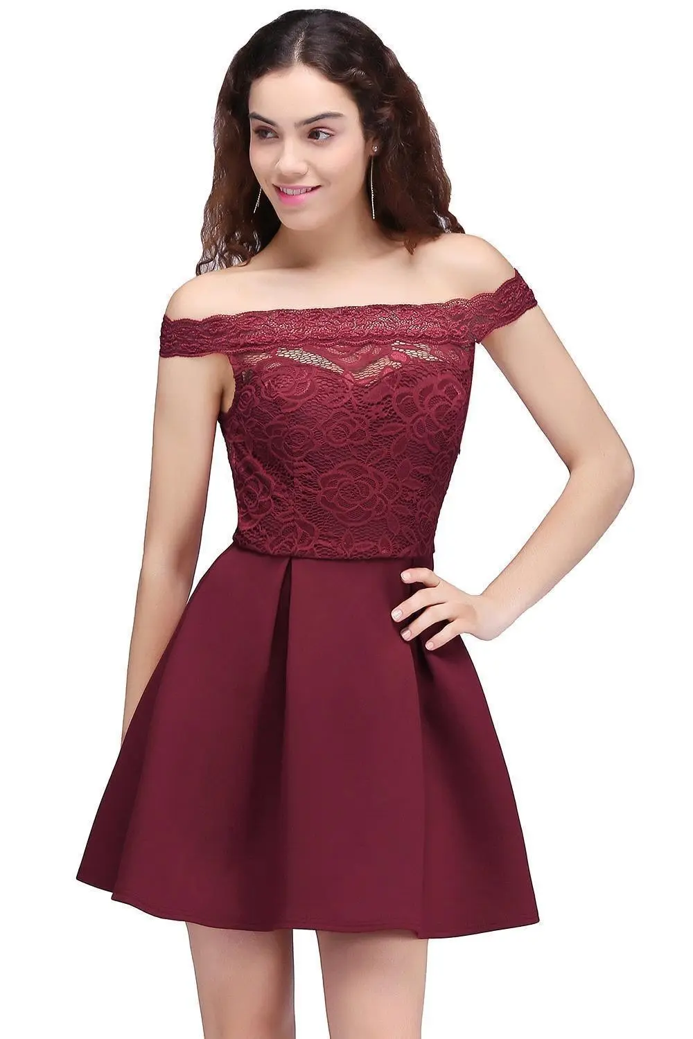 Burgundy Lace Satin Cocktail Dresses Off Shoulder A Line Mini Short Formal Evening Party Prom Gowns Homecoming Vestido De Fiesta