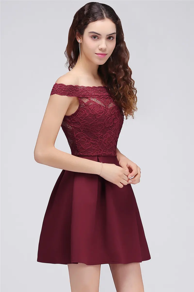 Burgundy Lace Satin Cocktail Dresses Off Shoulder A Line Mini Short Formal Evening Party Prom Gowns Homecoming Vestido De Fiesta