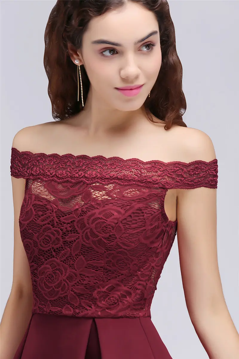 Burgundy Lace Satin Cocktail Dresses Off Shoulder A Line Mini Short Formal Evening Party Prom Gowns Homecoming Vestido De Fiesta