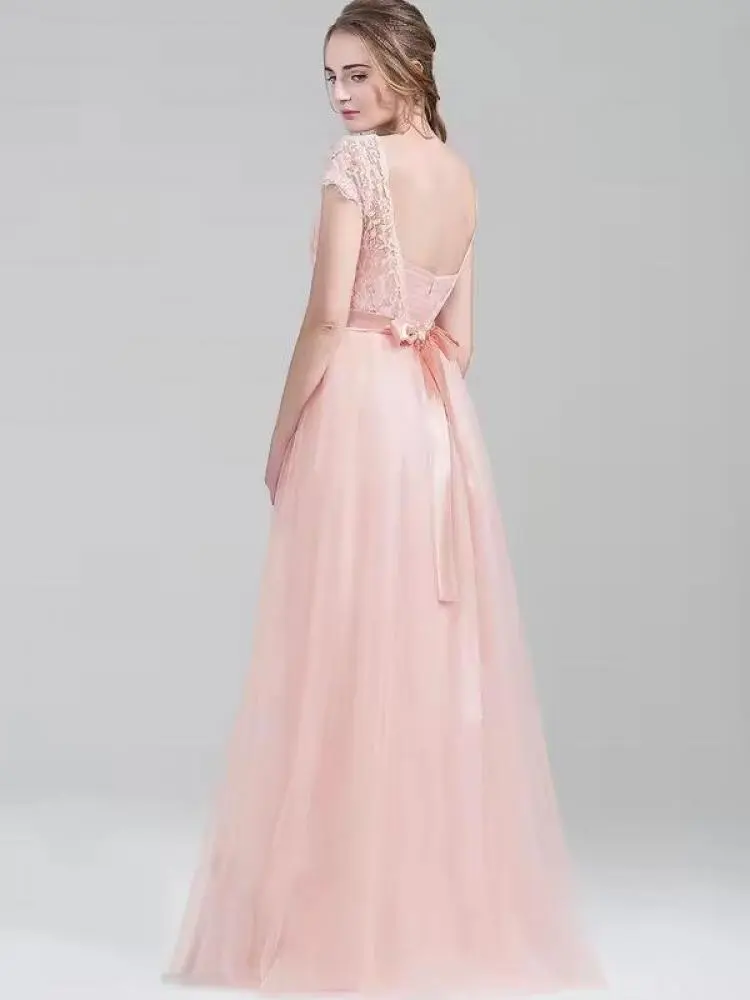MisShow Lace Bridesmaid Dresses Cutout Floral Lace O-Neck Short Sleeve Bow Backless Evening Dress A-Line Long Formal Party Gowns