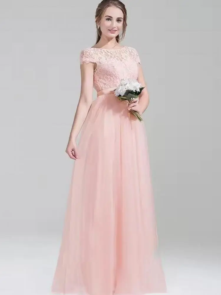 MisShow Lace Bridesmaid Dresses Cutout Floral Lace O-Neck Short Sleeve Bow Backless Evening Dress A-Line Long Formal Party Gowns