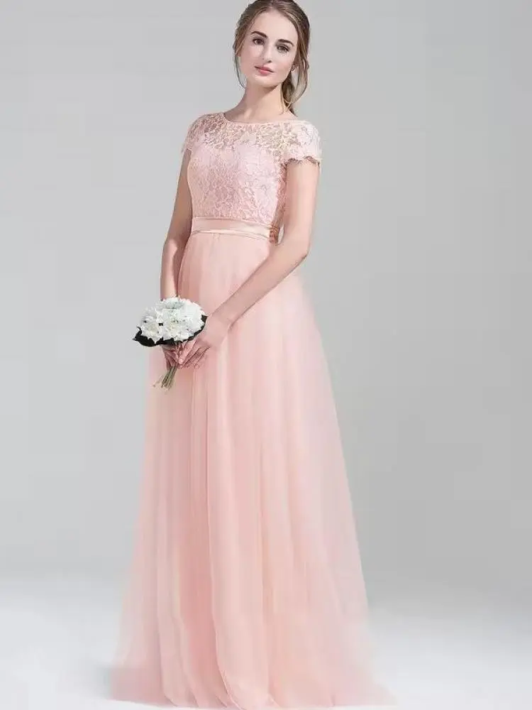 MisShow Lace Bridesmaid Dresses Cutout Floral Lace O-Neck Short Sleeve Bow Backless Evening Dress A-Line Long Formal Party Gowns