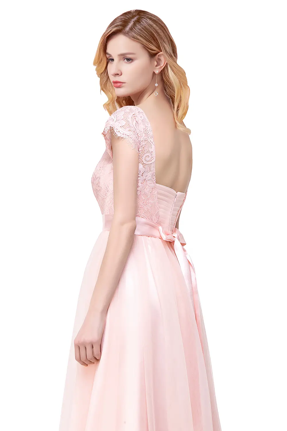 MisShow Lace Bridesmaid Dresses Cutout Floral Lace O-Neck Short Sleeve Bow Backless Evening Dress A-Line Long Formal Party Gowns