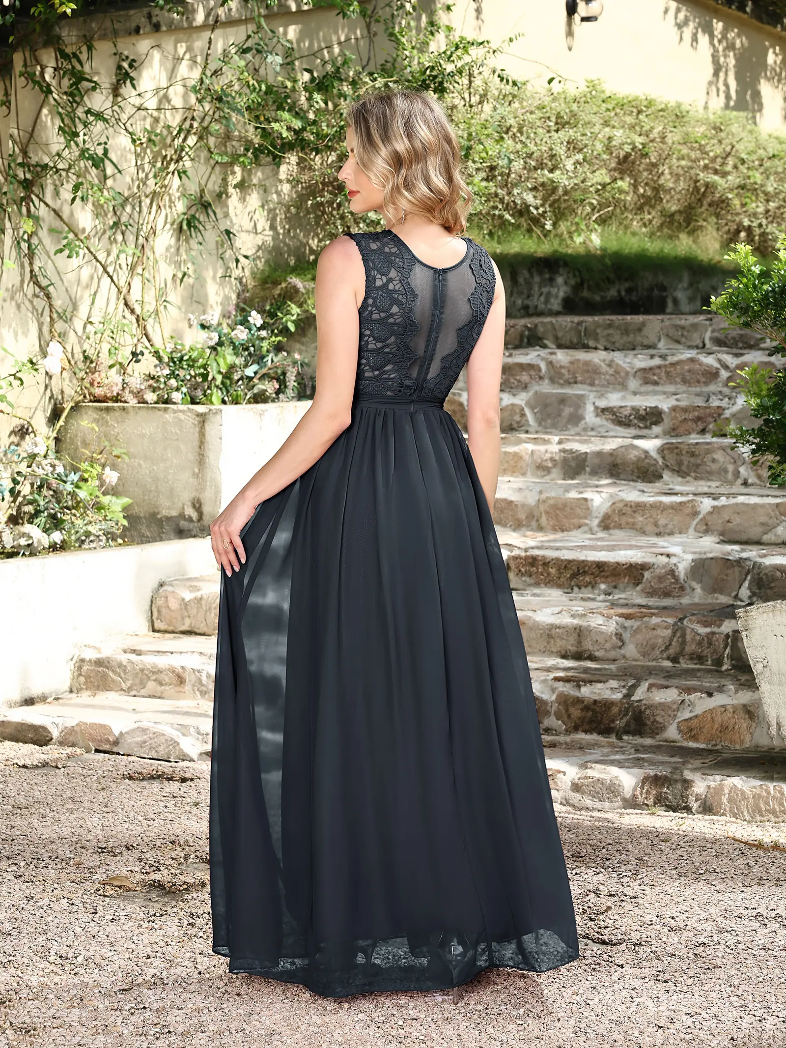 MisShow A-Line Evening Dresses Floral Lace O-Neck Sheer Illusion Back Prom Dress Chiffon Pleated Empire Wedding Bridesmaid Gowns