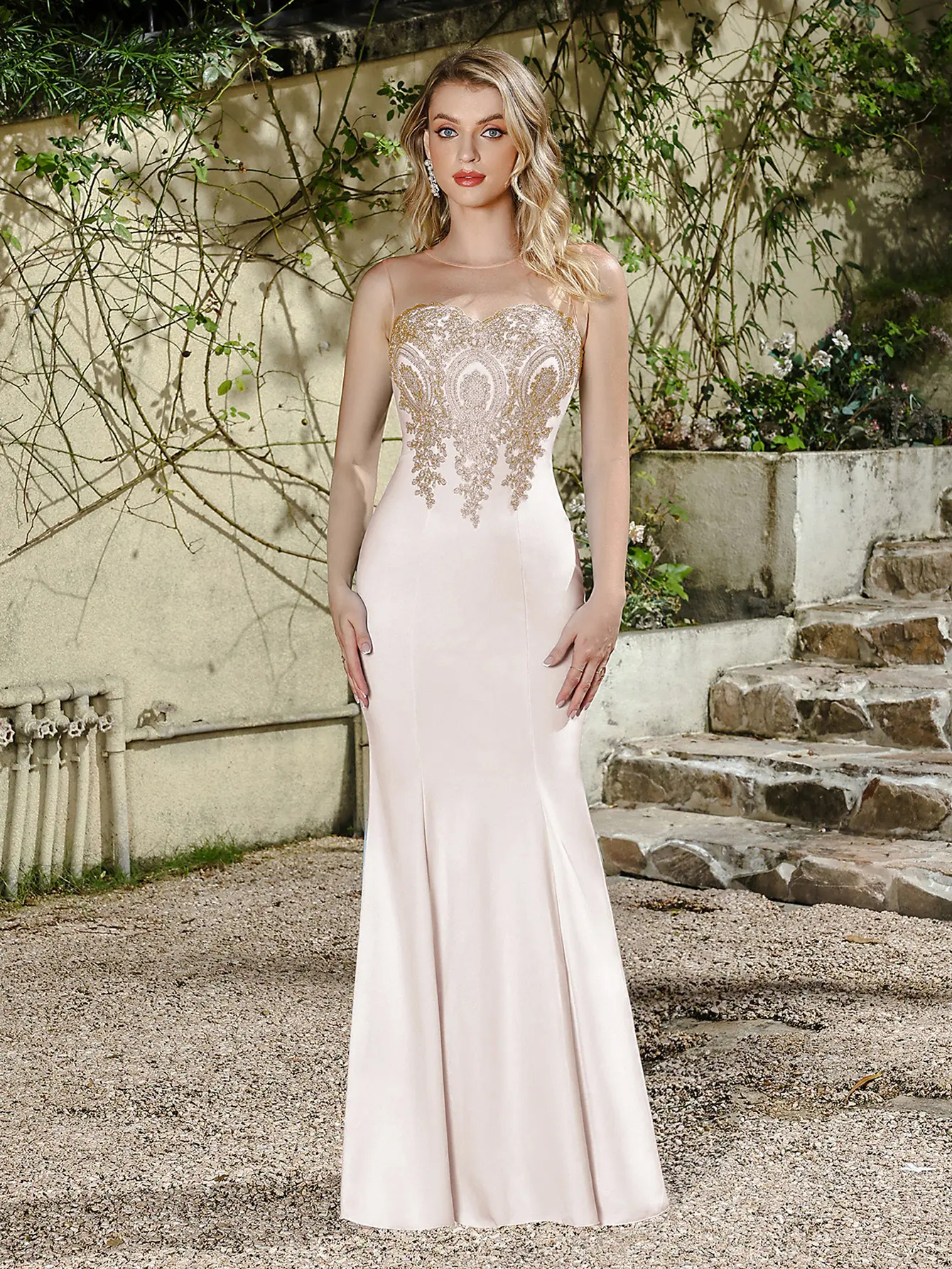 MisShow Ivory Slim Evening Dresses Illusion Strap O-Neck Backless Mermaid Prom Dress Gold Lace Appliques Formal Maxi Vestidos
