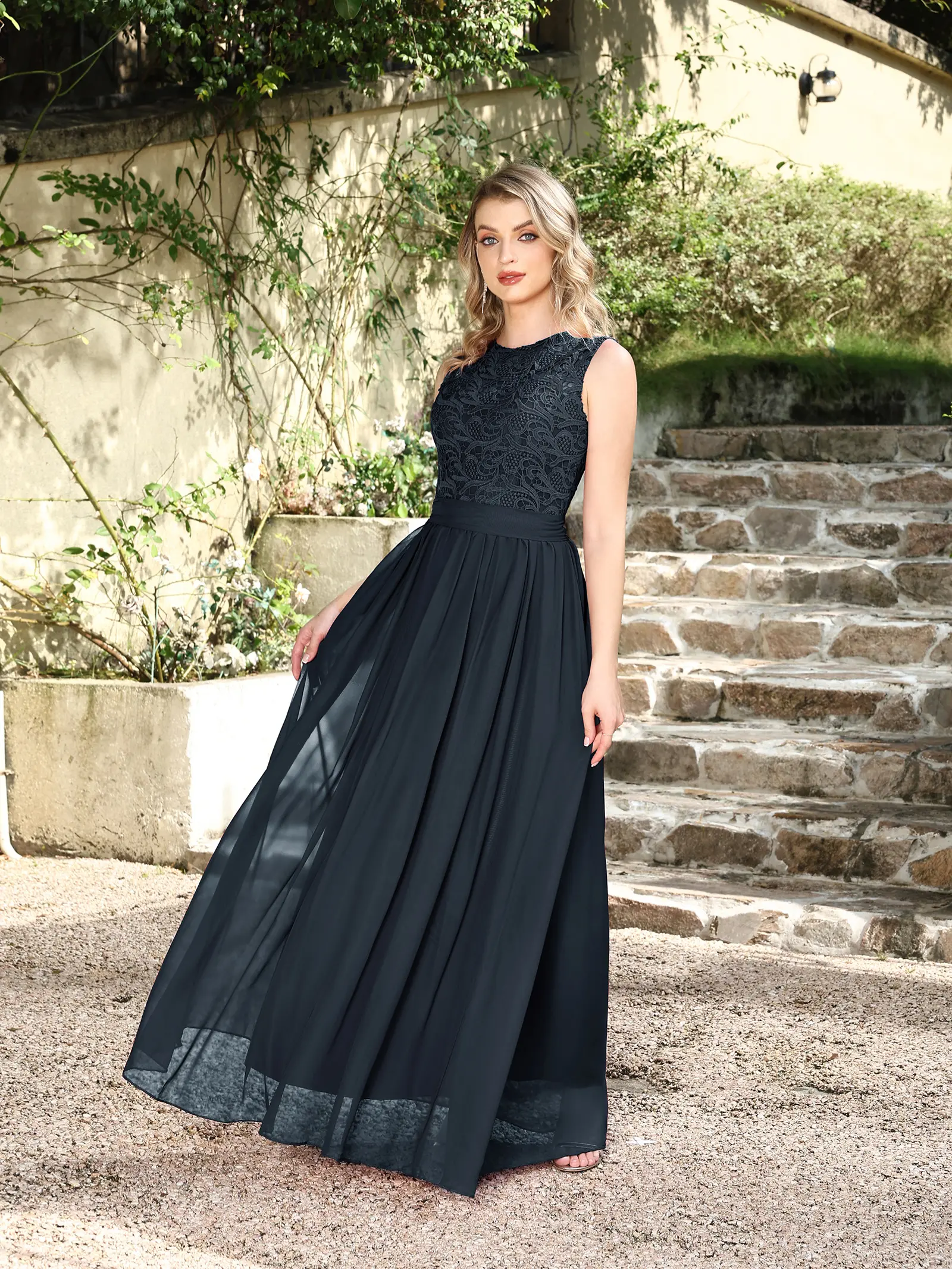 MisShow A-Line Evening Dresses Floral Lace O-Neck Sheer Illusion Back Prom Dress Chiffon Pleated Empire Wedding Bridesmaid Gowns