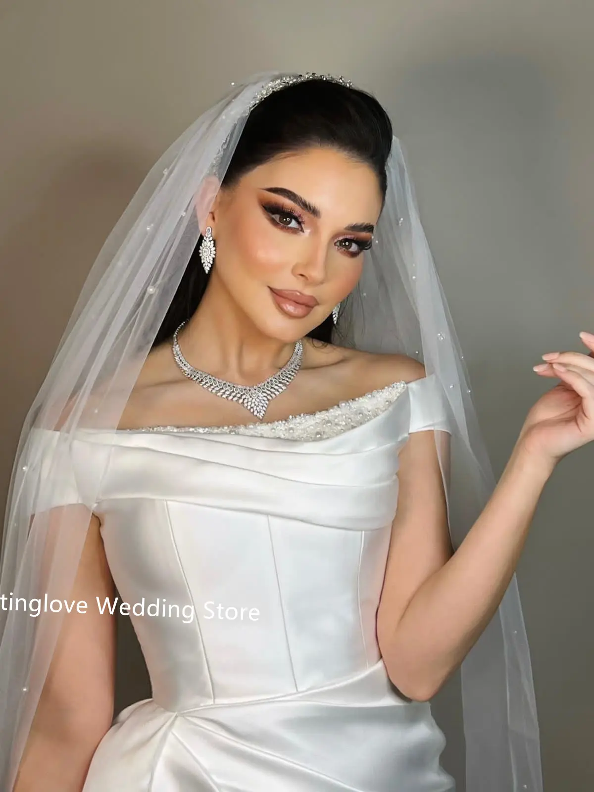 Popular Off The Shoulder Beaded Around Scoop Neckline Satin Mermaid Wedding Dresses Side Slit Detachable Train 2026