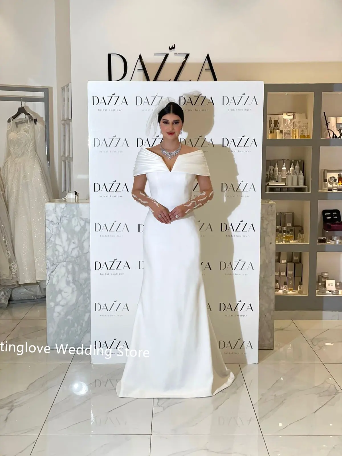 Simple Off The Shoulder V-neck Pleat Sheth/Mermaid Wedding Dress Custom Made 2026 Rode De Morrie