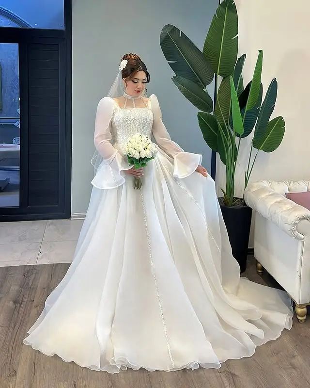 Exquisite High Neck Full Sleeves Beaded Sequined Organza A Line Wedding Dresses Custom Made 2025 Vestido De Noival