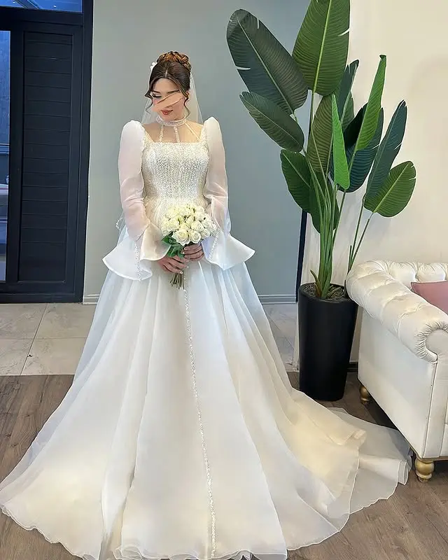 Exquisite High Neck Full Sleeves Beaded Sequined Organza A Line Wedding Dresses Custom Made 2025 Vestido De Noival