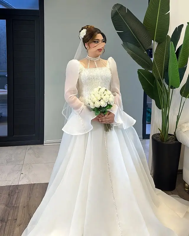 Exquisite High Neck Full Sleeves Beaded Sequined Organza A Line Wedding Dresses Custom Made 2025 Vestido De Noival
