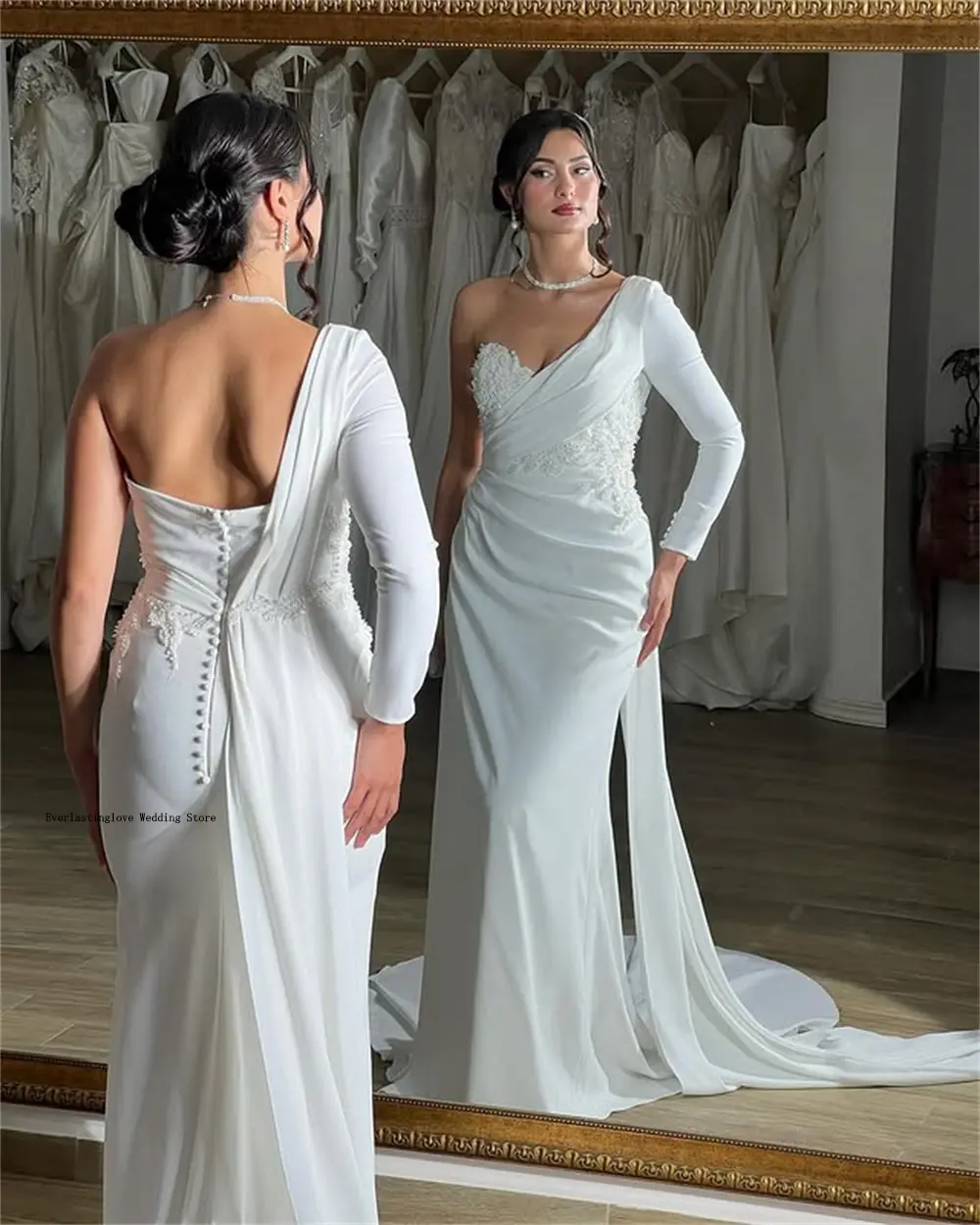 Elegant One Shoulder Long Sleeves 3D Flower Lace Applique Satin Mermaid Wedding Dresses Custom Made Long Rubbon Vestido De Noiva