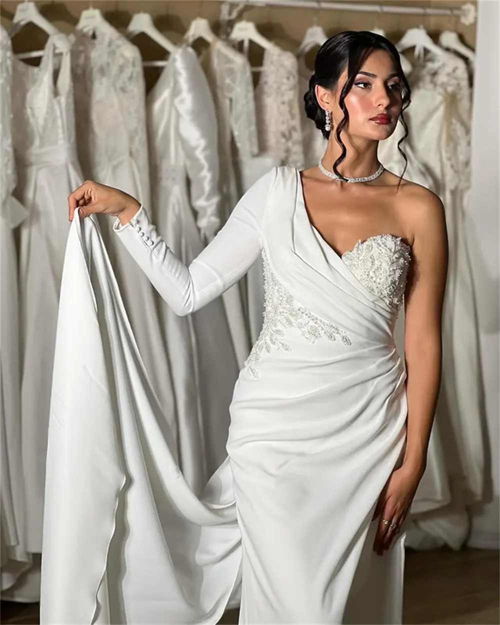 Elegant One Shoulder Long Sleeves 3D Flower Lace Applique Satin Mermaid Wedding Dresses Custom Made Long Rubbon Vestido De Noiva