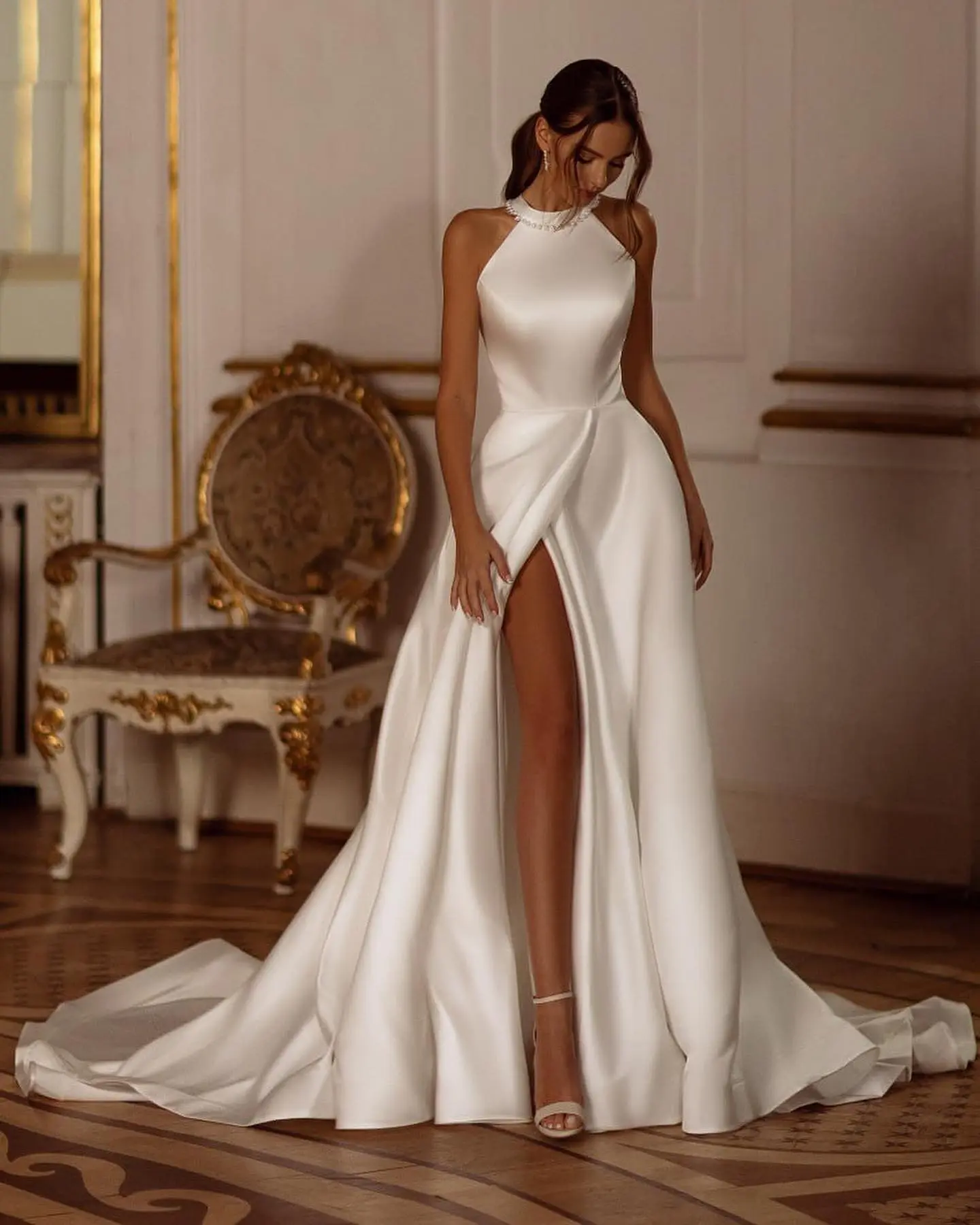 High Quality Halter Satin Wedding Dresses Side Slit Custom Made 2023 Boho Beach Bridal Grown Vestido De Morrie