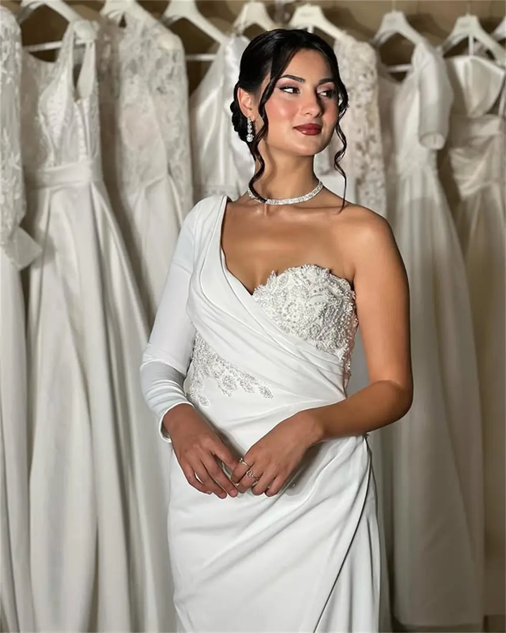Elegant One Shoulder Long Sleeves 3D Flower Lace Applique Satin Mermaid Wedding Dresses Custom Made Long Rubbon Vestido De Noiva