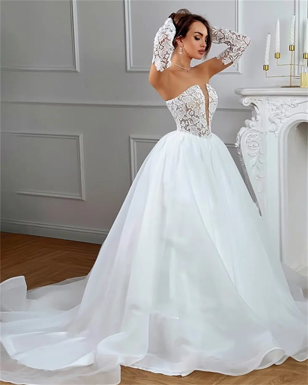 Sexy V-nbeck Lace Beidal Grown A Line Wedding Dresses With Long Sleeves Custom Made 2026 Vestido De Noival