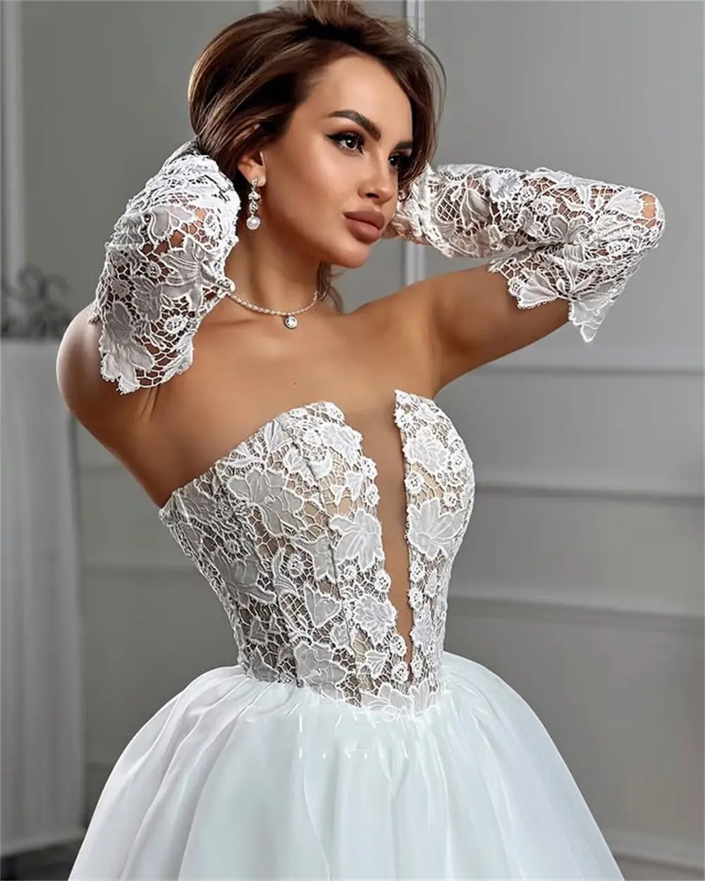 Sexy V-nbeck Lace Beidal Grown A Line Wedding Dresses With Long Sleeves Custom Made 2026 Vestido De Noival