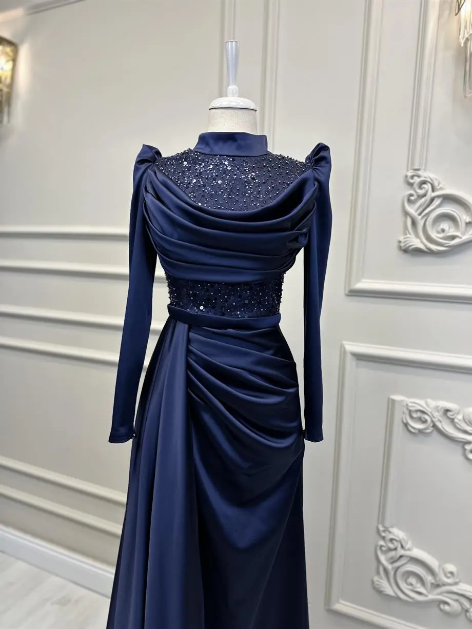 High Neck Full Sleeves Beaded Sequined Pleat Satin Mermaid Evening Dresses Custom Made Formal Party Grown 2024 Prom Wear