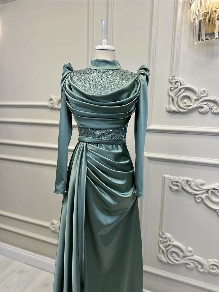 High Neck Full Sleeves Beaded Sequined Pleat Satin Mermaid Evening Dresses Custom Made Formal Party Grown 2024 Prom Wear