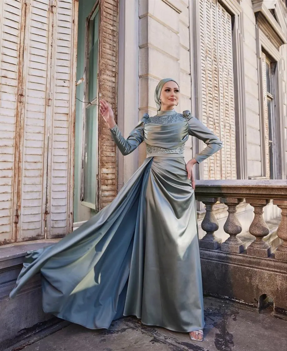 High Neck Full Sleeves Beaded Sequined Pleat Satin Mermaid Evening Dresses Custom Made Formal Party Grown 2024 Prom Wear