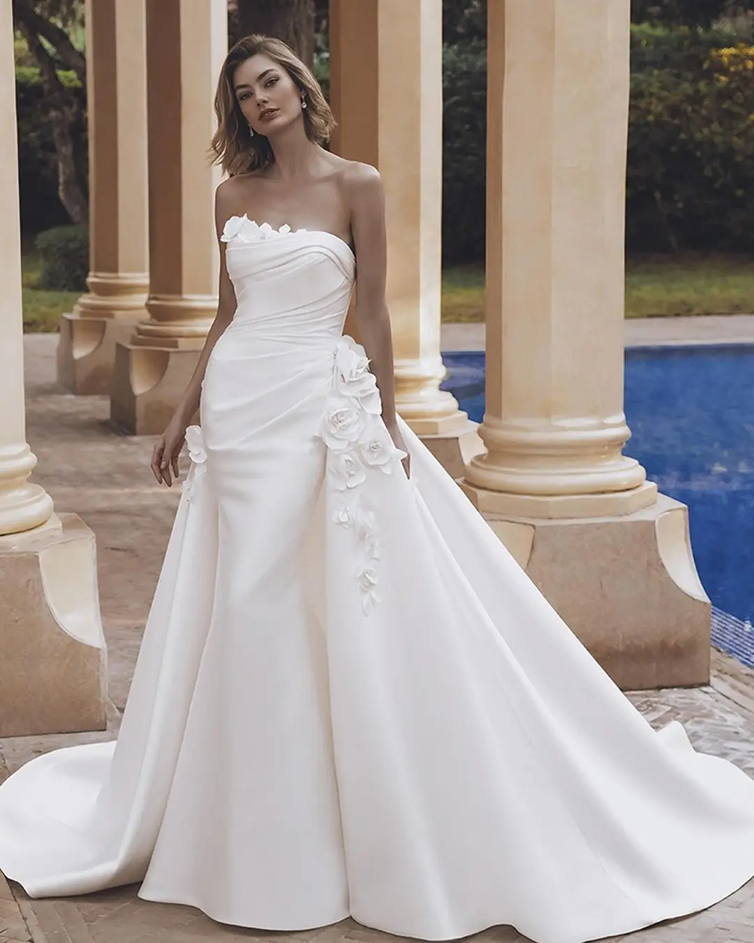 Charming Pleat Strapless Flower Strapless Mermaid Wedding Dresses With Detachable Trian 2 In 1 2025 Vestido De Noival