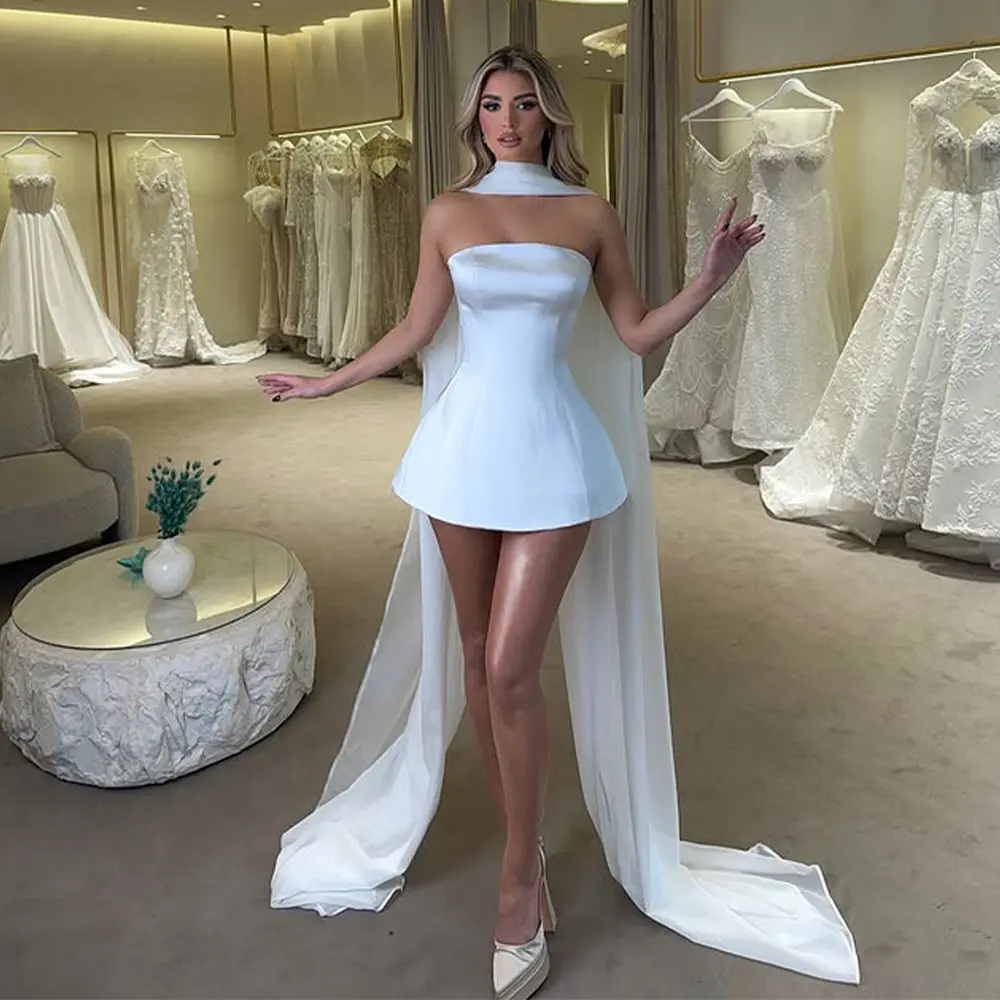 Sinple Strapless Satin Short /Mini Wedding Dreses With Long Scalf Custom Made Bridal Grown 2025 Vestido De Noival